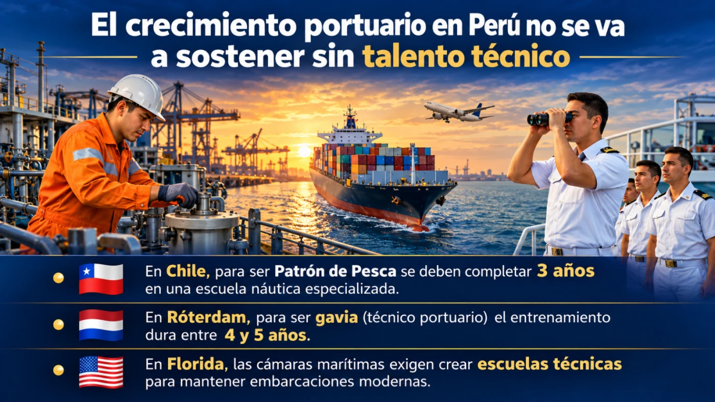 Técnico portuario y oficiales marítimos frente a un terminal de contenedores