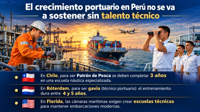 Técnico portuario y oficiales marítimos frente a un terminal de contenedores